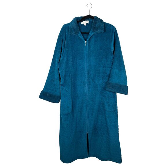 Miss Elaine Teal Blue Fuzzy Robe Zip Up Nightgown House Dress  Medium Petite - Picture 1 of 5